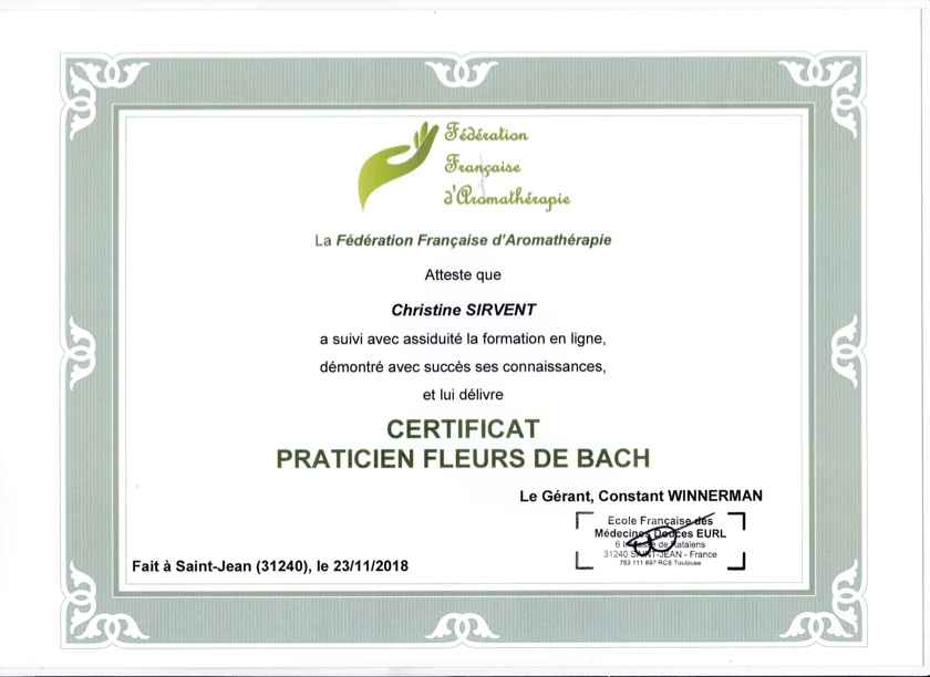 Christine Sirvent Certificat Praticien Fleurs de Bach