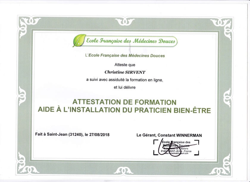 Christine Sirvent Certificat Aide Installation du Praticien Bien Etre