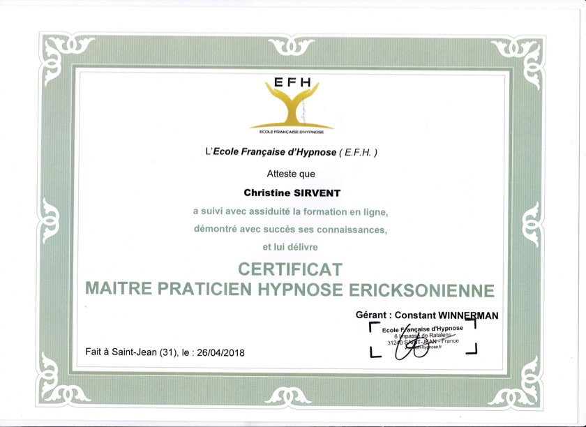Christine Sirvent Certificat Maitre Praticien en Hypnose Ericksonienne