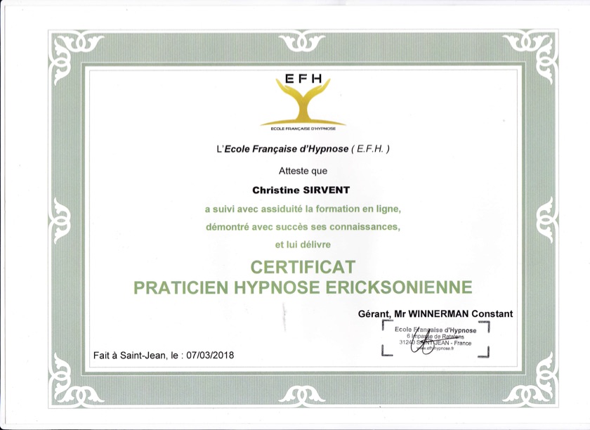 Christine Sirvent Certificat Praticien en Hypnose Ericksonienne