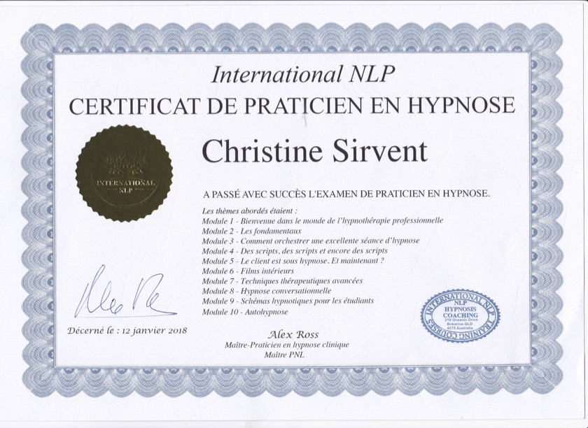 Christine Sirvent Certificat Praticien en Hypnose